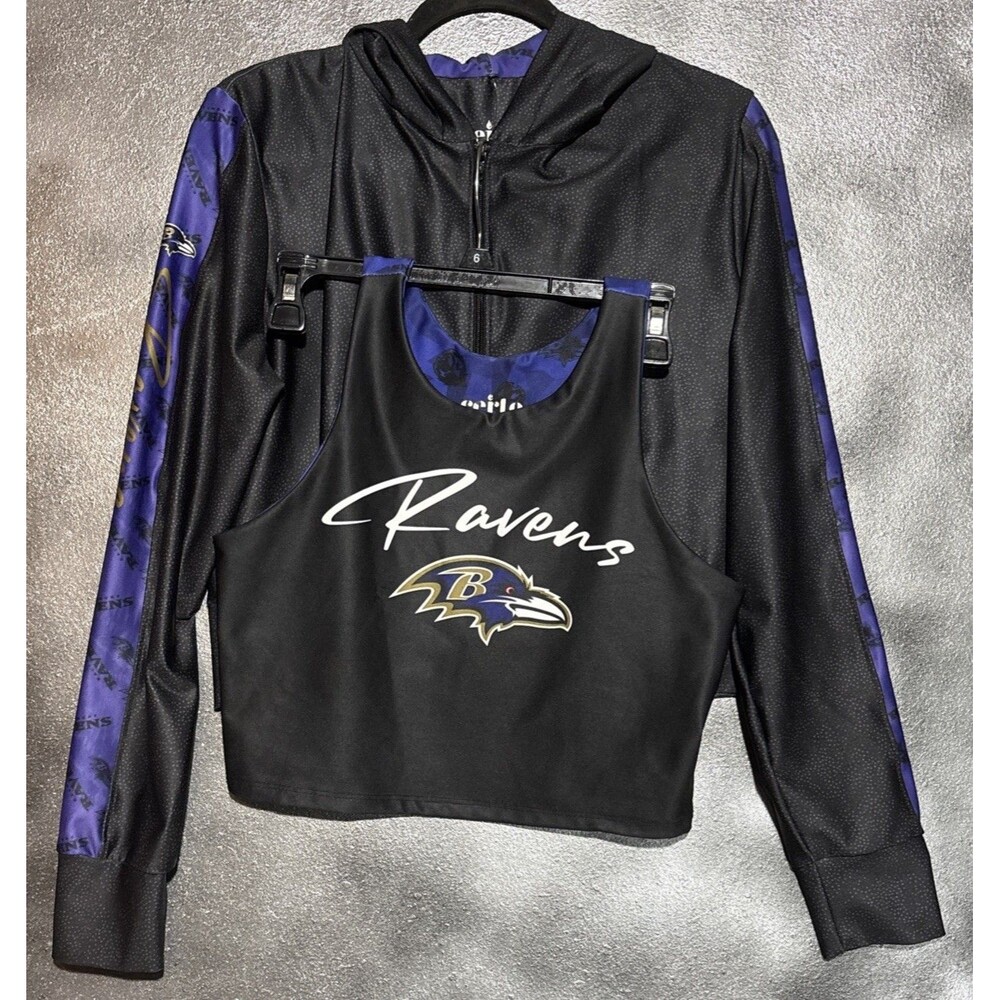 Certo NFL Baltimore Ravens Women’s Cropped Hoodie zipper Sz L + Sports Bra SET